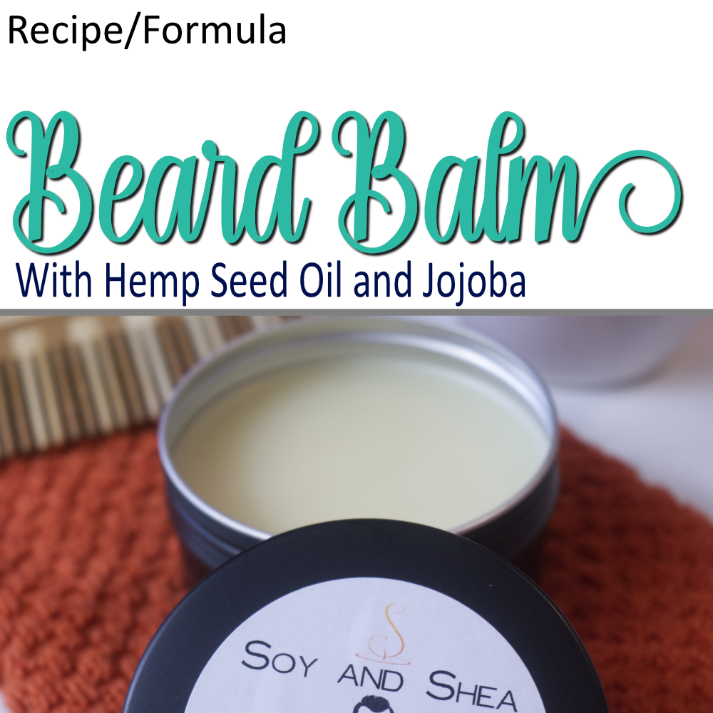A product cover photo with the text BEARD BALM in teal cursive writing in the top half of the image against a white background. The bottom half has a image of a a black tin filled with white balm sitting on an orange cloth and the lid resting on the side of the tin.