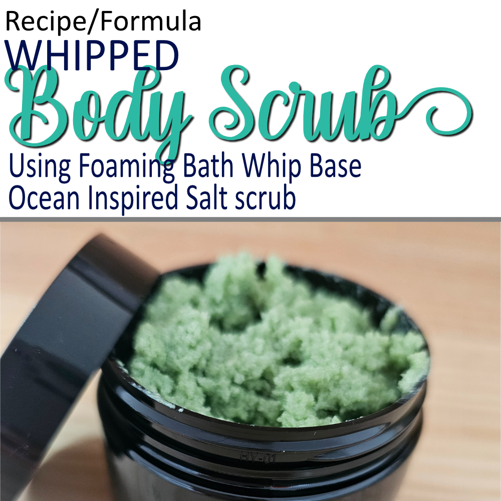 A product cover photo with the text BODY SCRUB in teal cursive writing in the top half of the image against a white background. The bottom half has a close-up image of black jar with the resting against the side revealing a green scrub