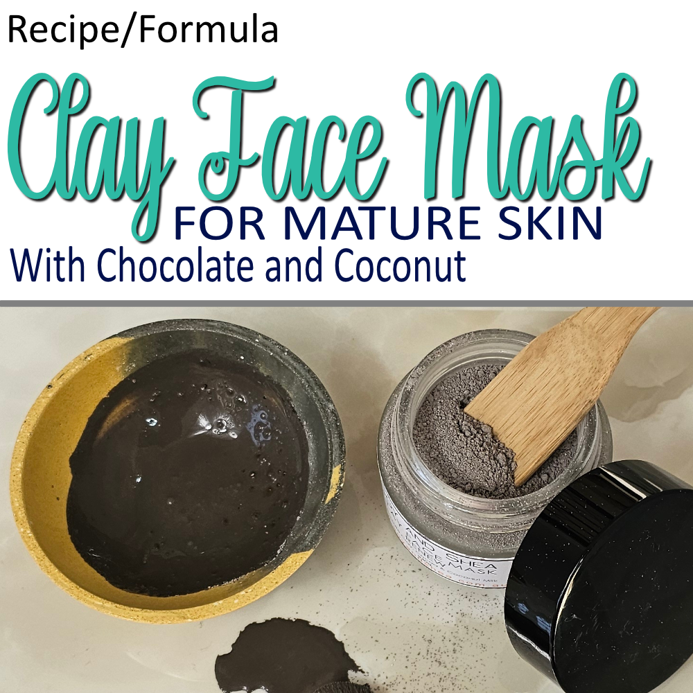 A product cover photo with the text CLAY FACE MASK in teal cursive writing in the top half of the image against a white background. Under the text is FOR MATURE SKIN. The bottom half has an image showing a glass jar filled with light brown powder with a wooden spoon sitting on cream marble tiles. Next to it is a yellow/grey bowl with a shiny brown paste of hydrated mask.