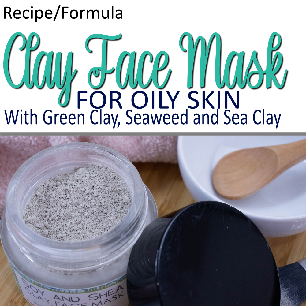 A product cover photo with the text CLAY FACE MASK in teal cursive writing in the top half of the image against a white background. Under the text is FOR OILY SKIN. The bottom half has an image showing an open glass jar filled with light green powder next to a small white bowl with spoon and pink towel