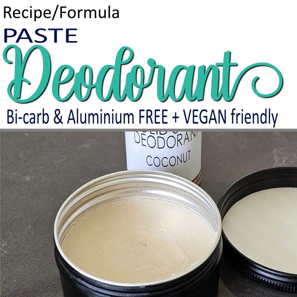 A product cover photo with the text DEODORANT in teal cursive writing in the top half of the image against a white background. The bottom half has a close-up image of a black round tine with the lid lying to the side revealing a cream paste inside.