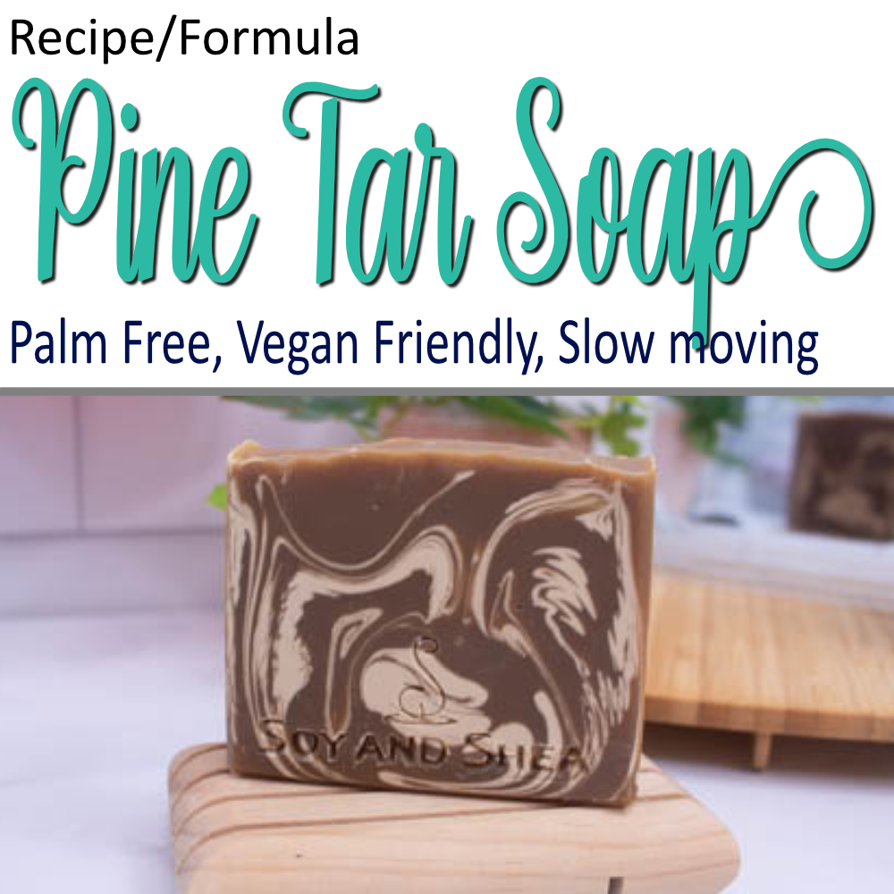 A product cover photo with the text PINE TAR SOAP in teal cursive writing in the top half of the image against a white background. The bottom half has an image of a brown soap with cream swirls sitting on a woodend soap dish with a blurred background.