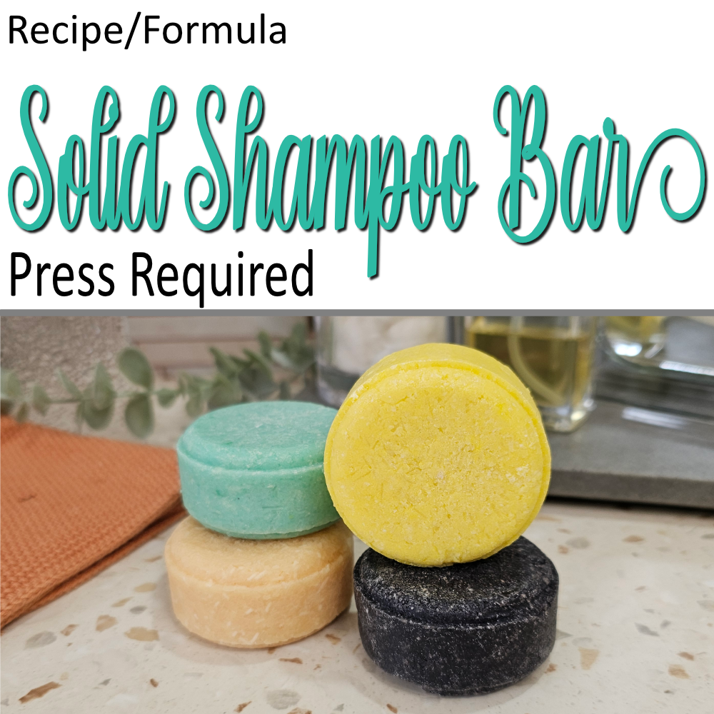 A product cover photo with the text SOLID SHAMPOO BAR in teal cursive writing in the top half of the image against a white background. The bottom half has four cylidrical shaped solid shampoo bars in a variety of colours sitting against a blurred bathroom countertop background.