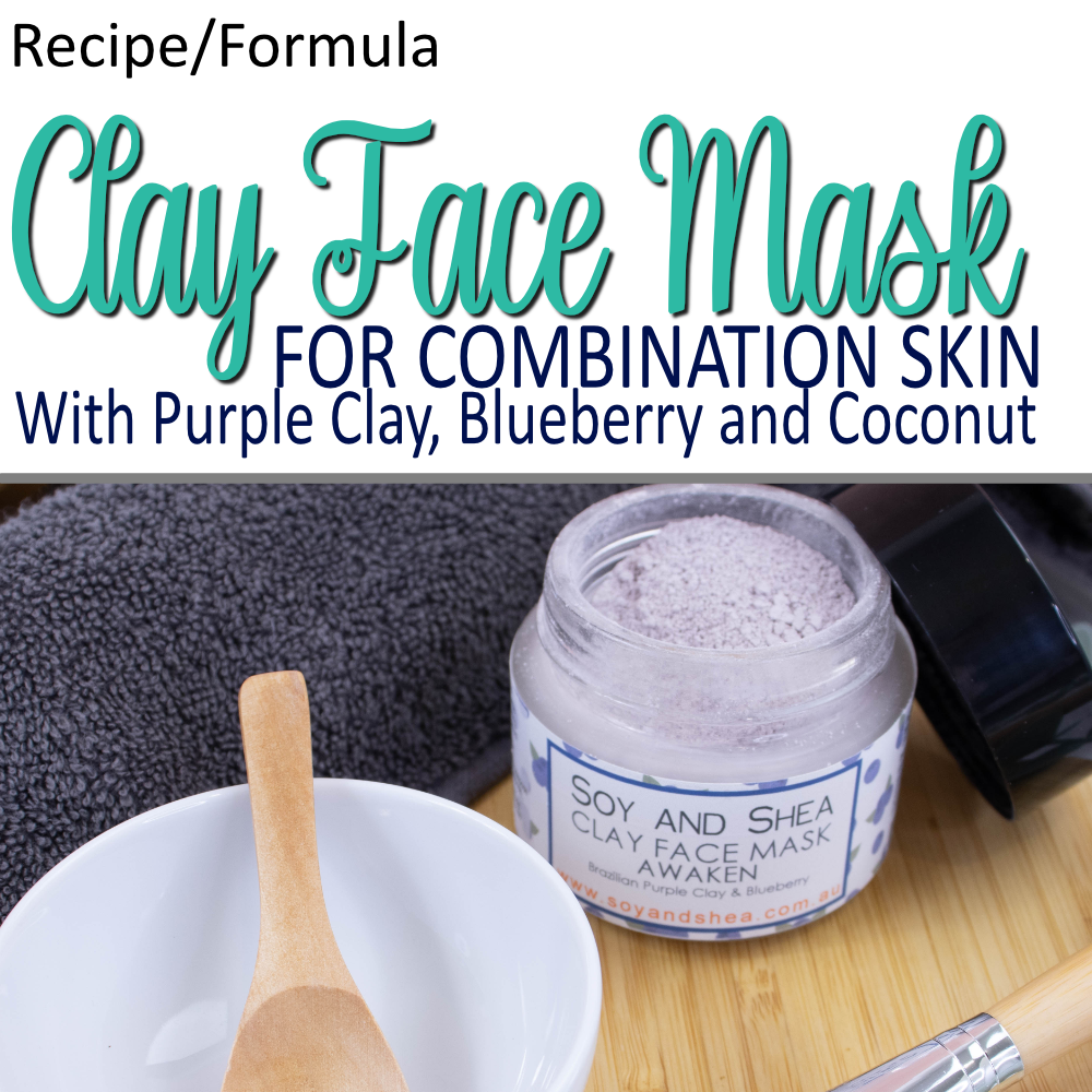 A product cover photo with the text CLAY FACE MASK in teal cursive writing in the top half of the image against a white background. Under the text is FOR COMBINATION SKIN. The bottom half has an image showing an open glass jar filled with light purple powder next to a small white bowl with spoon and dark grey towel