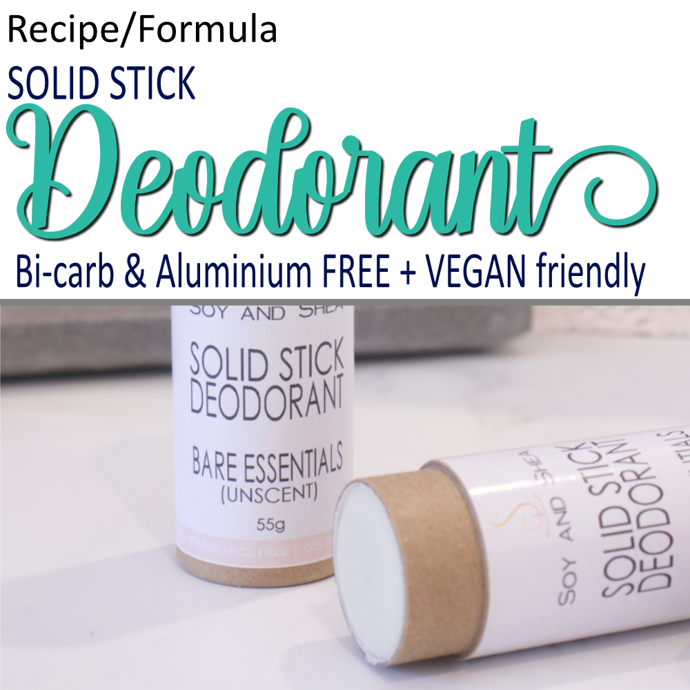 A product cover photo with the text DEODORANT in teal cursive writing in the top half of the image against a white background. The bottom half has a close up image of two carboard deodoant tubes. One stands up while the other lies flat with the lid removed to show a white balm inside the tube.