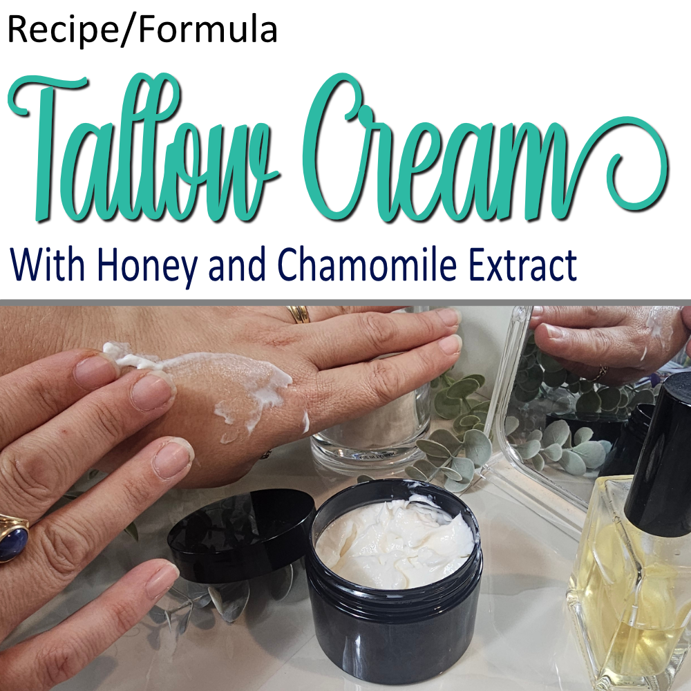 A product cover photo with the text TALLOW CREAM in teal cursive writing in the top half of the image against a white background. The bottom half has a image of a hand applying cream to the back of another hand. On a white counter sits a black jar with a white cream near a mirror and bottle of perfume.