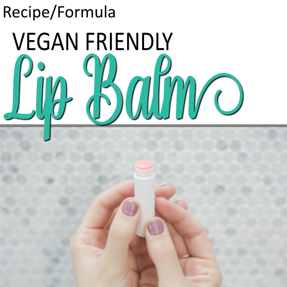 A product cover photo with the text LIP BALM in teal cursive writing in the top half of the image against a white background. Additional text shows this is vegan friendly. The bottom half has an image of a pair of hands holding onto a white tue of lip balm with the cap removed and against a grey tile background.