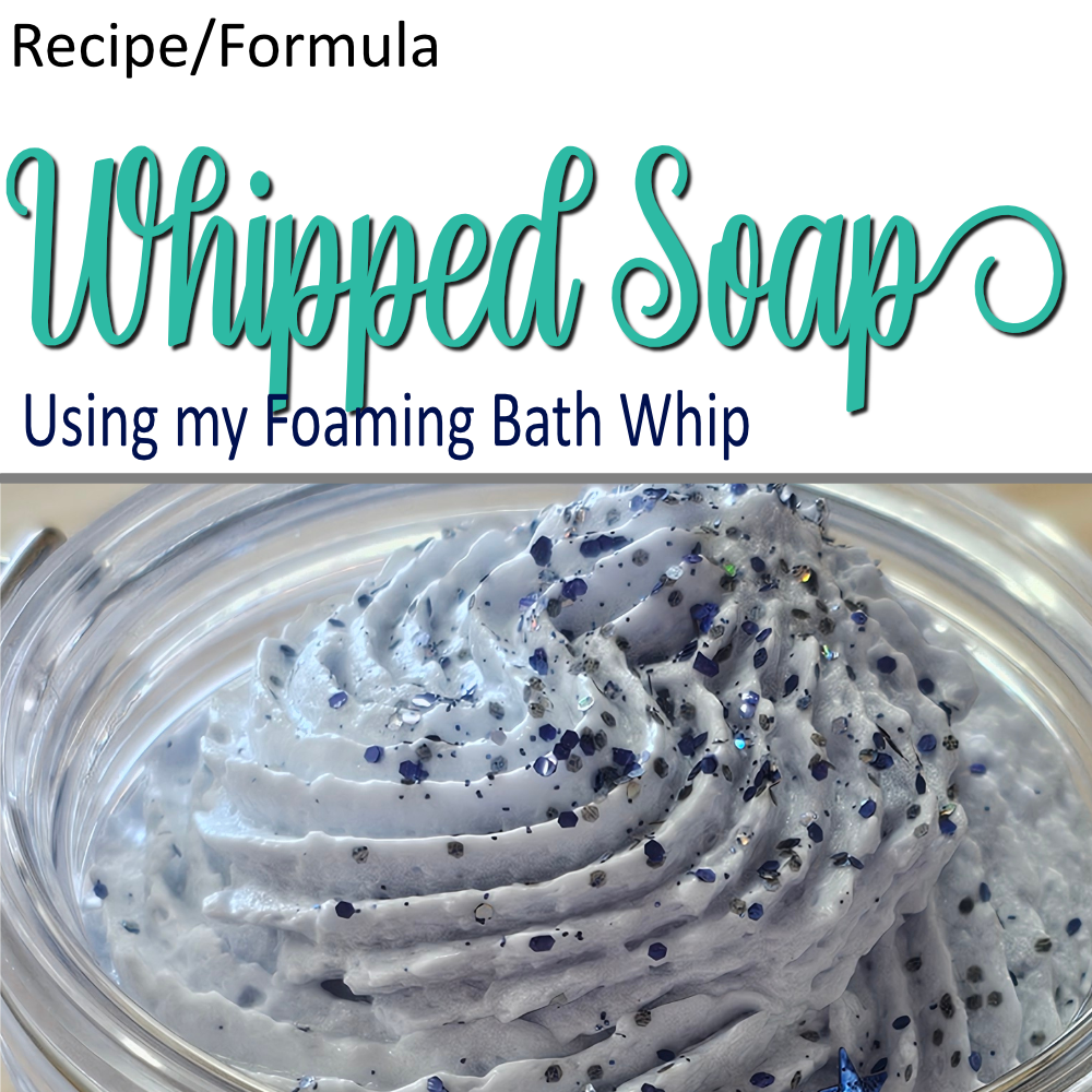 A product cover photo with the text WHIPPED SOAP in teal cursive writing in the top half of the image against a white background. The bottom half has a close up image of a light blue whipped soap that has a spiral piped top and covered in glitter.