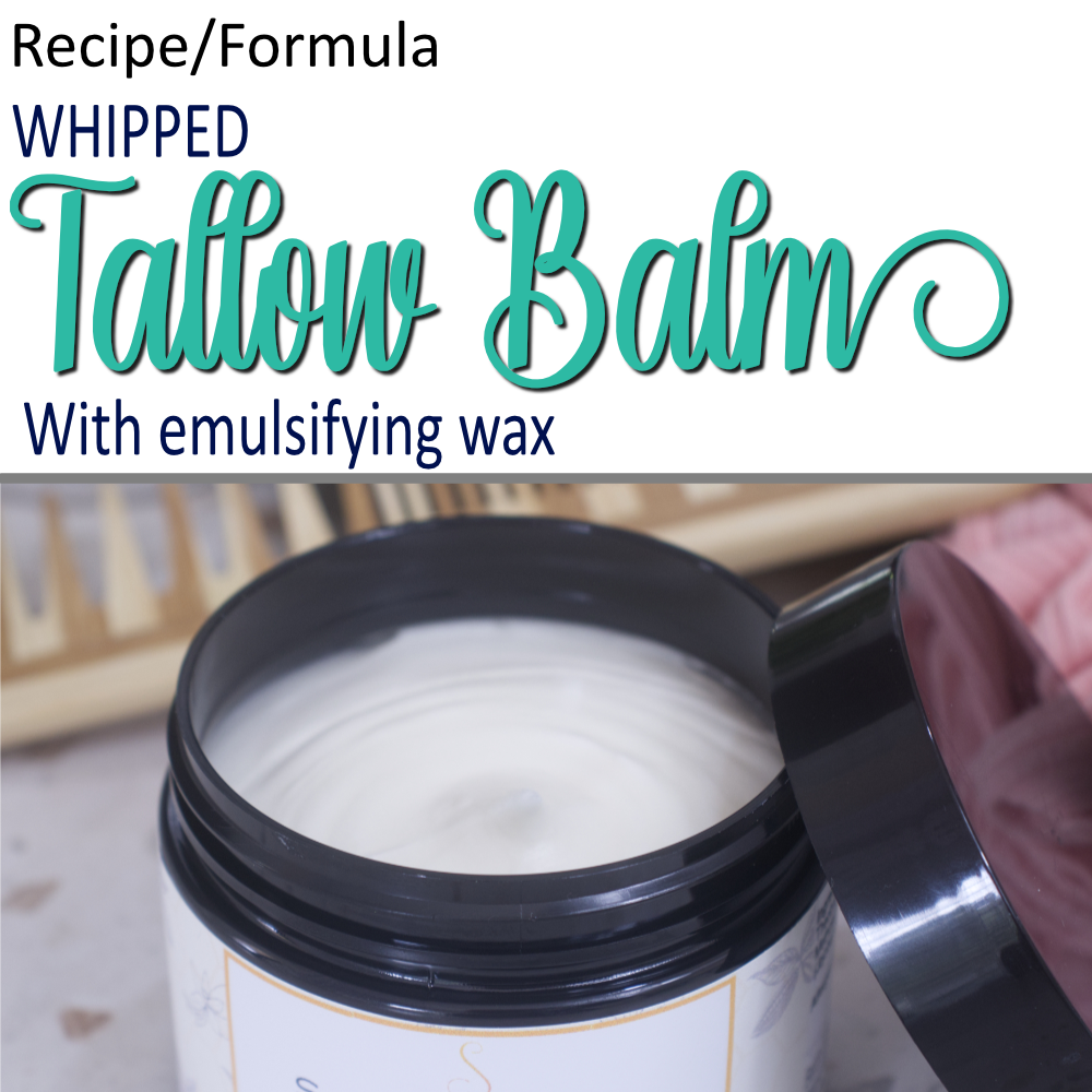 A product cover photo with the text TALLOW BALM in teal cursive writing in the top half of the image against a white background. The bottom half has a close-up image of a black jar with the lid removed revealing an off-white balm.