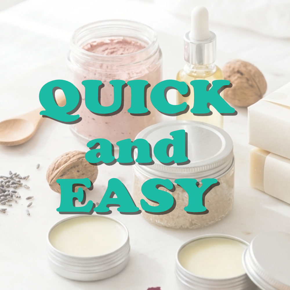 A cover photo identifying this category as Quick and Easy.  The background is a faded image of various cosmetics including a jar of scrub, a jar of pink powder and some tins of balm.