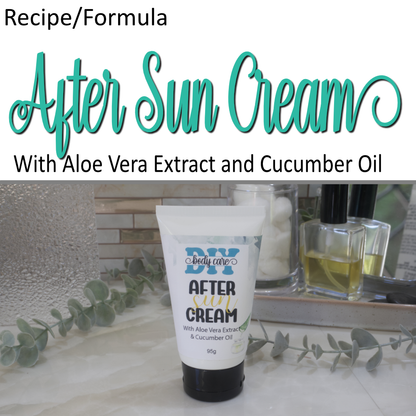 A cover photo  whereby the top half of the image is a white background with teal cursive text reading After Sun Cream.  The other text indicates this is a formula.  The bottom half of the image is a photo of a white tube with black lid sitting on a bathroom countertop labelled as after sun cream