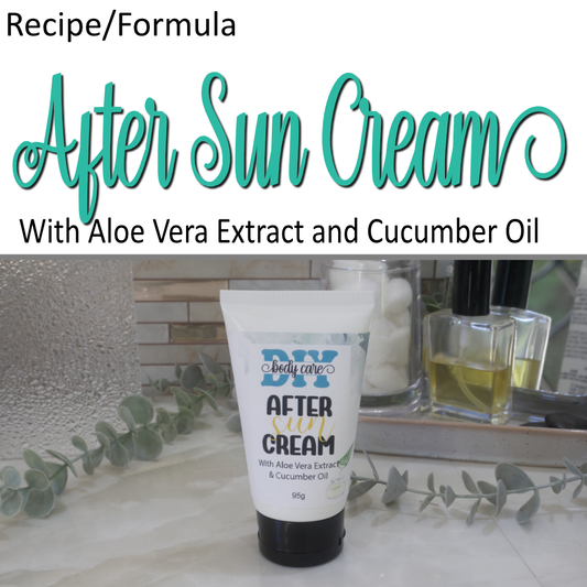 A cover photo  whereby the top half of the image is a white background with teal cursive text reading After Sun Cream.  The other text indicates this is a formula.  The bottom half of the image is a photo of a white tube with black lid sitting on a bathroom countertop labelled as after sun cream