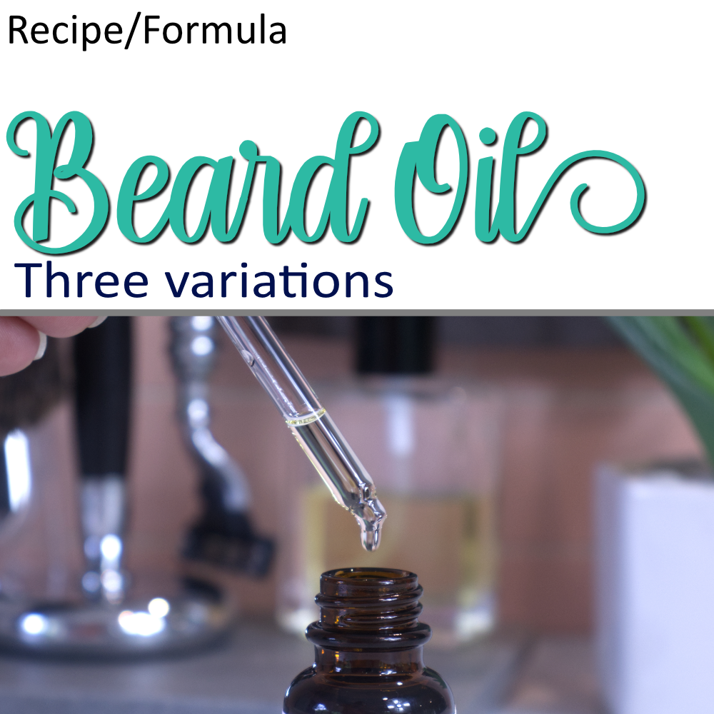 A product cover photo with the text BEARD OIL in teal cursive writing in the top half of the image against a white background. Further text reads THREE VARIATIONS  The bottom half has a image of a clear glass dropper filled with liquid with a single drop falling into the top of a amber glass bottle agains a blurred background.