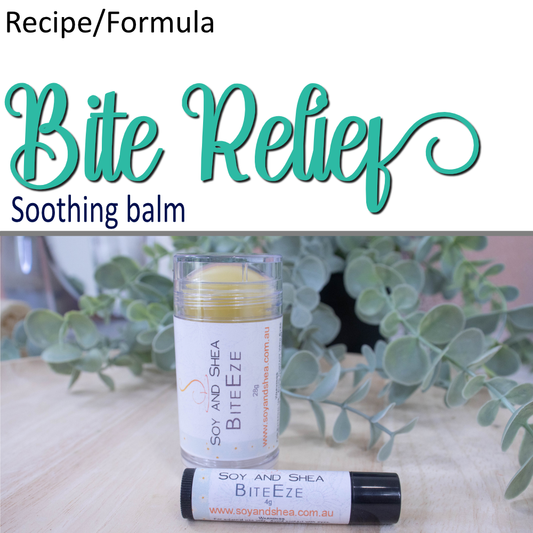 A product cover photo with the text BITE RELIEF in teal cursive writing in the top half of the image against a white background.  The bottom half has an image of two cyclindrical tubes against a background of greenery.  One is a small black lip balm tube with the other in a wider, clear tube showing a yellow balm.