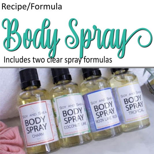 A product cover photo with the text BODY SPRAY in teal cursive writing in the top half of the image against a white background.  The bottom half has a image of a row of clear bottles with black lids all labelled as various scented Body Sprays.
