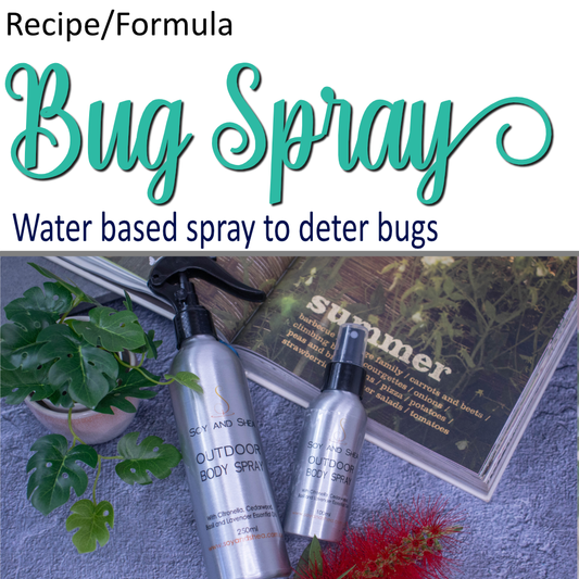 A product cover photo with the text BUG SPRAY in teal cursive writing in the top half of the image against a white background.  The bottom half has an image of two silver bottles in two different sizes each with spray nozzles resting against a book with garden images as well as a potted plant.