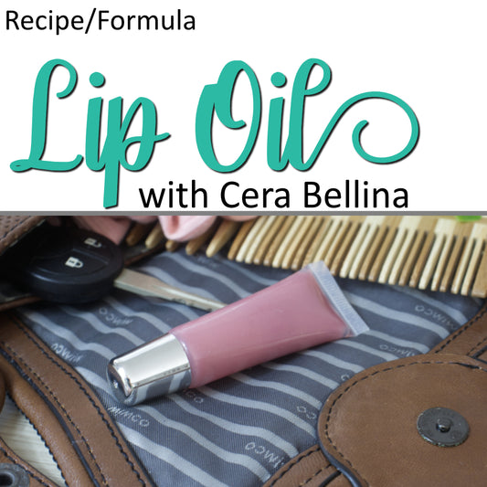 A product cover photo with the text LIP OIL in teal cursive writing in the top half of the image against a white background.  Additional text reads WITH CERA BELLINA. The bottom half has a image showing a clear tube filled with a dusky pink substance lying on the flap of an open handbag with items like keys and comb spilling out.