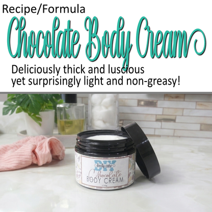  A promotional cover photo that has cursive teal across a white background announcing this as a Chocolate Body Cream formula.   Below is a photo of a black jar of cream which has the lid removed and resting at an angle on the side of the jar revealing a white cream inside