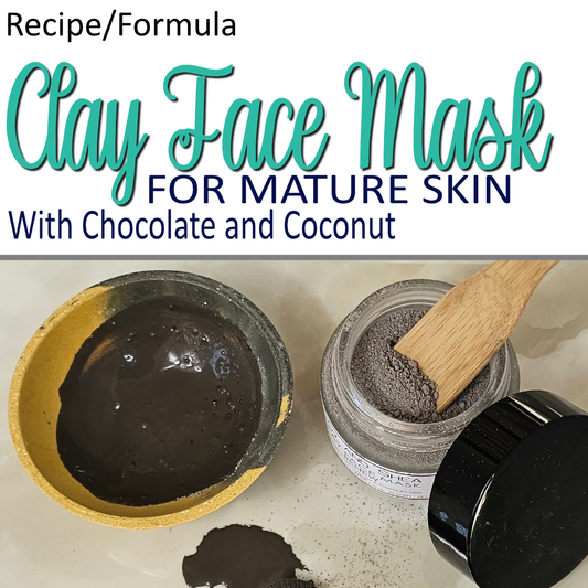 A product cover photo with the text CLAY FACE MASK in teal cursive writing in the top half of the image against a white background.  Under the text is FOR MATURE SKIN.  The bottom half has an image showing a glass jar filled with light brown powder with a wooden spoon sitting on cream marble tiles.  Next to it is a yellow/grey bowl with a shiny brown paste of hydrated mask.