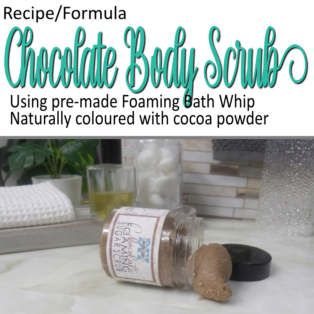 A cover photo featuring teal text against the white background announcing this as Chocolate Body Scrub formula.  The lower half of the image has a photo showing a clear jar of scrub laying on its side on a bathroom countertop.  The lid has been removed with some of the chocolate coloured scrub spilling out