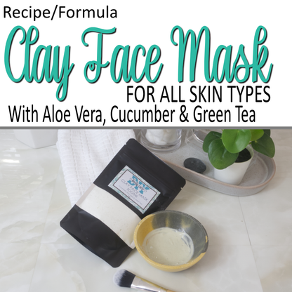 A cover photo where the top half is a white background with decorative teal text announcing Clay Face Mask.  Plain text advises this formula is for all skin and has Aloe Vera, Cucumber and green tea.  Below is a photo of a black pouch with a clear window showing a pale green powder inside.  The bag is labelled as Clay Face Mask Soothe.  To the rights is a yellow and grey bowl that has a light green paste in it with a facial brush next to the bowl