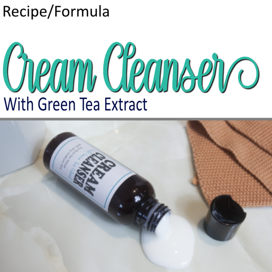 A product cover photo with the text CREAM CLEANSER in teal cursive writing in the top half of the image against a white background.  The bottom half has a image of an amber bottle lying on its side with the lid removed and sitting to side next to an orange cloth.  A white lotion spills out of the bottle onto the bench.