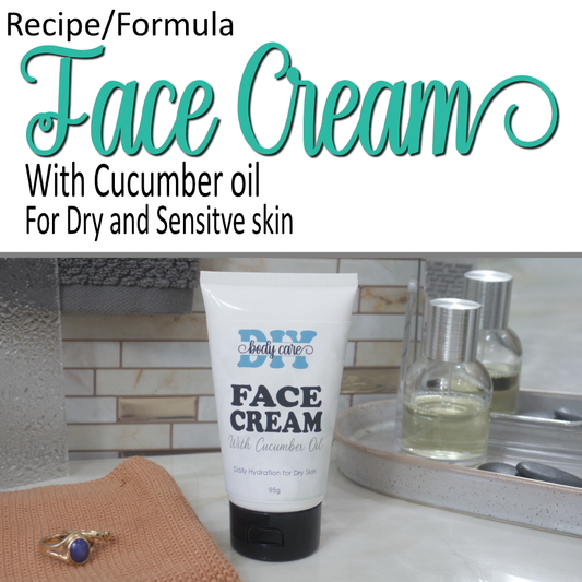 A cover photo where the top half is a white background with decorative teal text announcing this as a Face Cream Formula.  Additional plain text shows it has cucumber oil and is suitable for dry skin.  To the bottom of the image is a photo of a white tube with black cap sitting on a bathroom countertop.  It is labelled as Face Cream with cucumber oil.  It is surrounded by bathroom accessories.