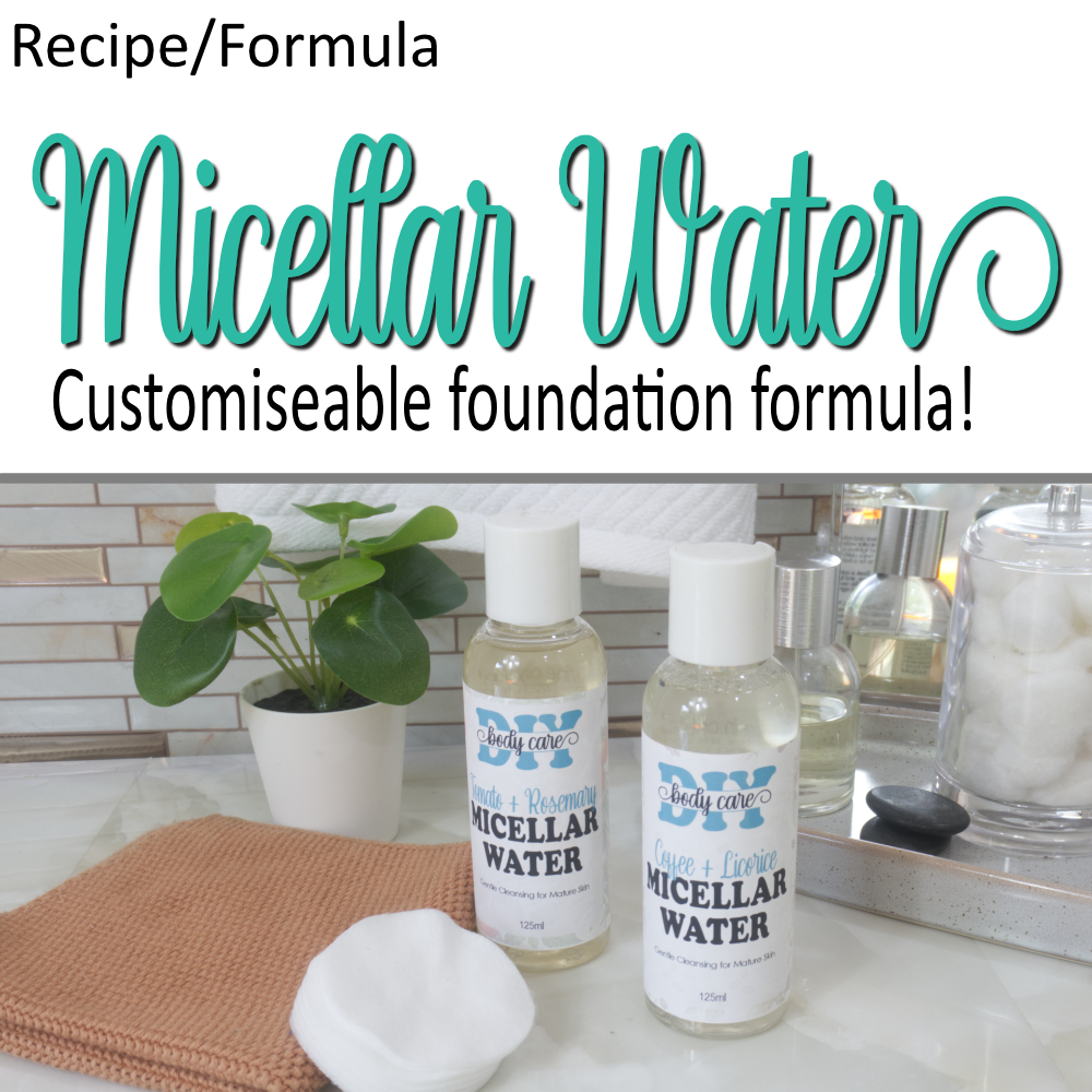 A cover photo where the top half is a white background with decorative teal text announcing this as a Micellar Water Formula.  Additional plain text shows it is customisable.  To the bottom of the image is a photo of two clear bottles with white caps sitting on a bathroom counter along with Face Cloth and cotton pads. The bottles are labelled as Micellar Water 