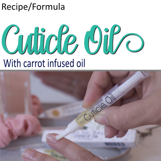 A product cover photo with the text CUTICLE OIL in teal cursive writing in the top half of the image against a white background.  The bottom half has an image showing a person applying a cuticle oil to the other hand using a clear narrow tube with a brush tip.