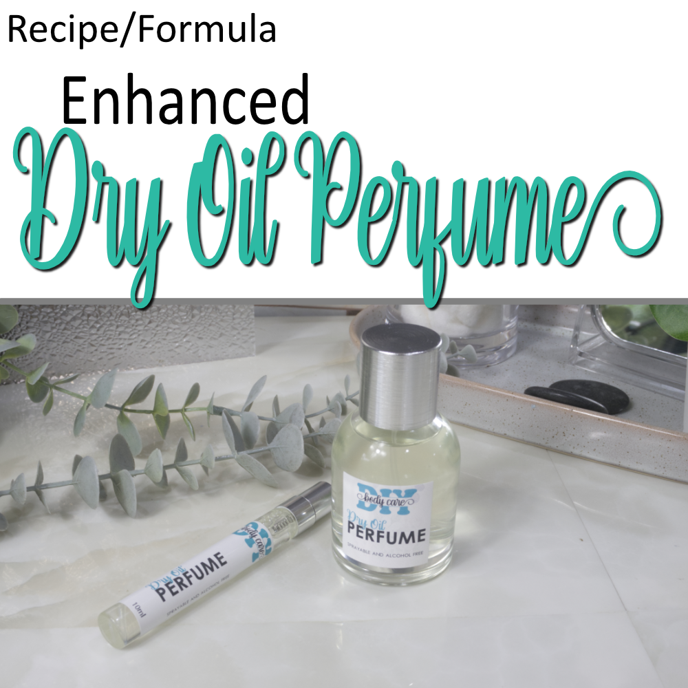 A promotional cover photo where the top half is a white background with teal cursive writting announcing a Enhanced Dry Oil Perfume Formula.  Below is a photo of a small, round clear bottle of perfume with silver cap on a bathroom countertop.  Next to it, is a long narrow 10ml bottle both labelled as Dry Oil Perfume