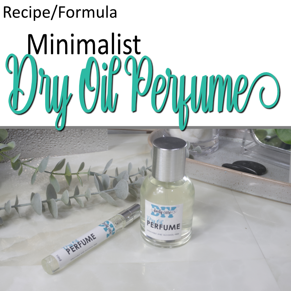 A promotional cover photo where the top half is a white background with teal cursive writting announcing a Minimalist Dry Oil Perfume Formula.  Below is a photo of a small, round clear bottle of perfume with silver cap on a bathroom countertop.  Next to it, is a long narrow 10ml bottle both labelled as Dry Oil Perfume