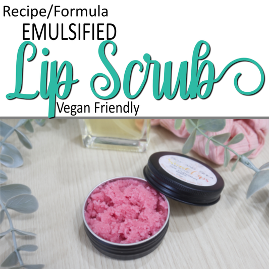 A product cover photo with the text LIP SCRUB in teal cursive writing in the top half of the image against a white background.  The bottom half has an image of a small black tin on a wooden surface with the lid resting on the side of tin surrounded by greenery and a clear bottle with yellow liquid.  The tin is filled with pink scrub.