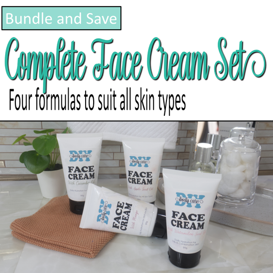 A cover photo where the top half is a white background with decorative teal text announcing this as Comple Face Cream Set.  Additional plain text shows it includes four formulas to suit all skin types.  To the bottom of the image is a photo shower four white tubes with black caps displayed on a bathroom countertop.  Each tube is labelled as Face Cream with varying ingredients and skin types