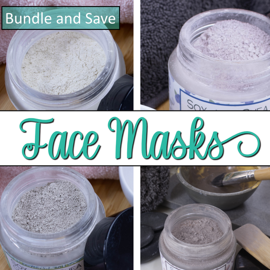 Collage of face mask jars with text 'Bundle and Save Face Masks' on a white background.
