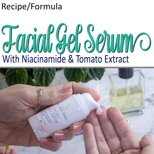 A product cover photo with the text FACIAL GEL SERUM in teal cursive writing in the top half of the image against a white background.  The bottom half has a image of a person holding a white tube with product label and squeezing the serum onto the fingertips of the other hand.  A bottle of perfume and plant are seen on the background ona wooden surface.