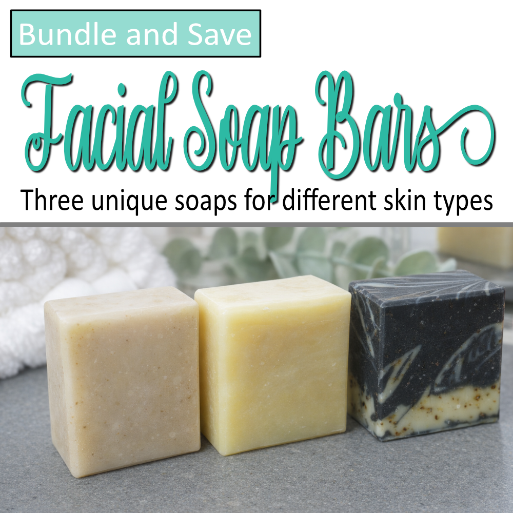 A cover photo for a formula where the bottom half of the cover photo has an image of one each of the three soap bars included in the collection lined up on a grey stone tray next to a towel and greenery.  The top half has decorative teal text reading Facial soap Bars with other text indicating this is a bundle and save offer.