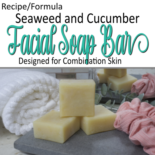 A cover photo for a formula where the bottom half of the cover photo has an image of 3 pale green soap bars stacked upon each other on a grey stone tray next to a towel and scrunchie.    The top half has decorative teal text reading Facial soap Bar with other text indicating this is a formula and some ingredients included on a white background