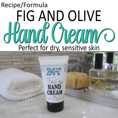 A product cover photo showing a photo of a white tube with black cap sitting on a bathroom counter top surrounded by bathroom items like towel and perfume bottle.  Across the top is a white banner announcing this as a formula for Hand Cream