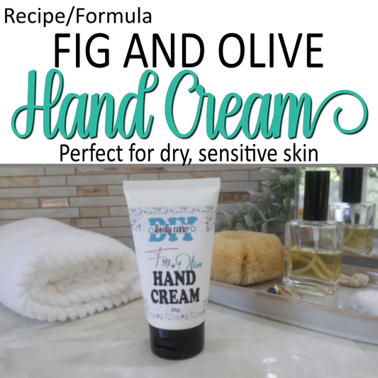 A product cover photo showing a photo of a white tube with black cap sitting on a bathroom counter top surrounded by bathroom items like towel and perfume bottle.  Across the top is a white banner announcing this as a formula for Hand Cream