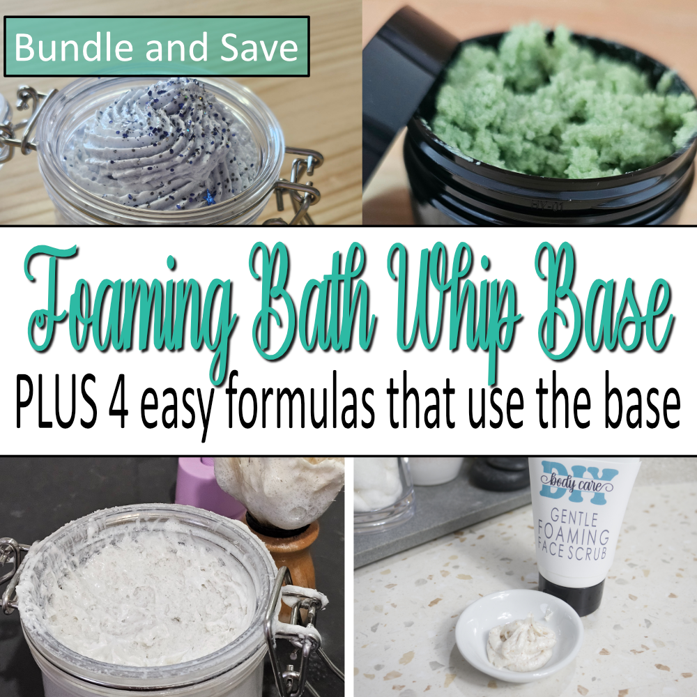 Collage of foaming bath whip base and related products with text overlay.