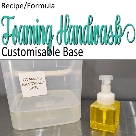 A product cover photo with the text FOAMING HANDWASH in teal cursive writing in the top half of the image against a white background.  The bottom half has an image of  shows a container sitting on a metal bench a quarter filled with a clear liquid with slight foam on top.  Next to is a clear foaming bottle with a yellow transparent liquid.