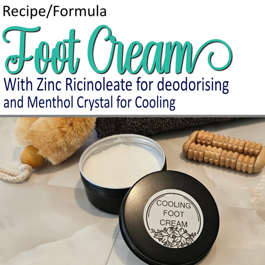 A product cover photo with the text FOOT CREAM in teal cursive writing in the top half of the image against a white background.  Additional text in black  indicates thisis cooling and deodorising. The bottom half has a image of a black tin with the lid off and resting on the side and shows a white cream.  The lid has a round white label reading COOLING FOOT CREAM and sits next to a foot massage roller.