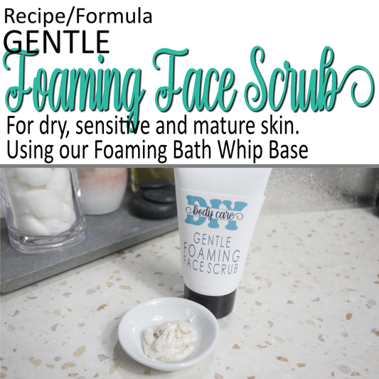 A product cover photo with the text FOAMING FACE SCRUB in teal cursive writing in the top half of the image against a white background.  The bottom half has an image of  a white tube with black lid and simple product label standing on a terrazzo bench with a small white bowl filled with a sample of the product which is white with brown flecks.  Behind is a bathroom counter to with various items.