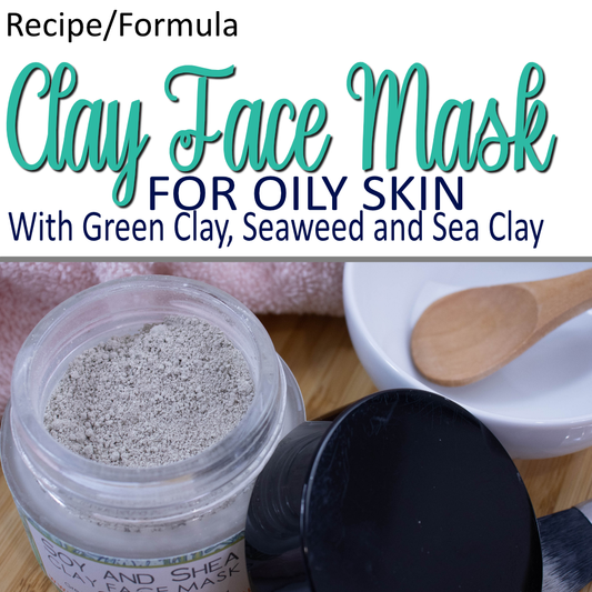 A product cover photo with the text CLAY FACE MASK in teal cursive writing in the top half of the image against a white background.  Under the text is FOR OILY SKIN.  The bottom half has an image showing an open glass jar filled with light green powder next to a small white bowl with spoon and pink towel