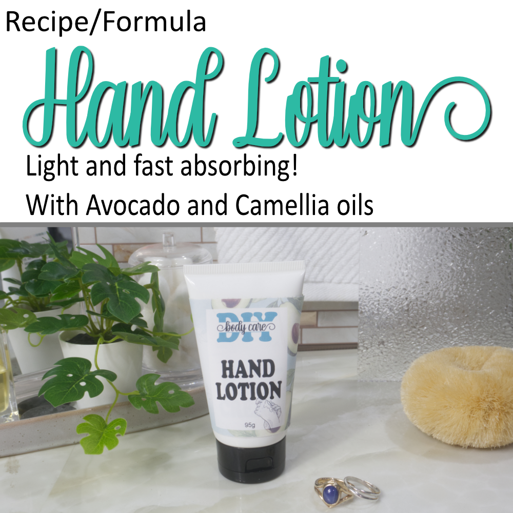 A cover photo where the top half is a white background with cursive teal text reading Hand Lotion.  Additional plain text advises it is Light and Fast Absorbing.  The lower half features a photo of a white tube with a decorative product label identifying it as Hand Lotion standing on a bathroom counter top.  It is surrounded by a plant, jar of cotton balls, a body scrub and some rings.