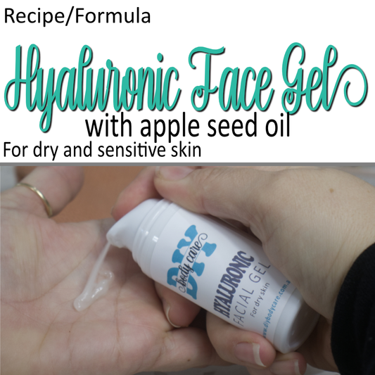 A product cover photo with the text HYALURONIC FACE GEL in teal cursive writing in the top half of the image against a white background.  The bottom half has an image of  a hand holding a white bottle with product label pumping a cream liquid into the palm of another hand.