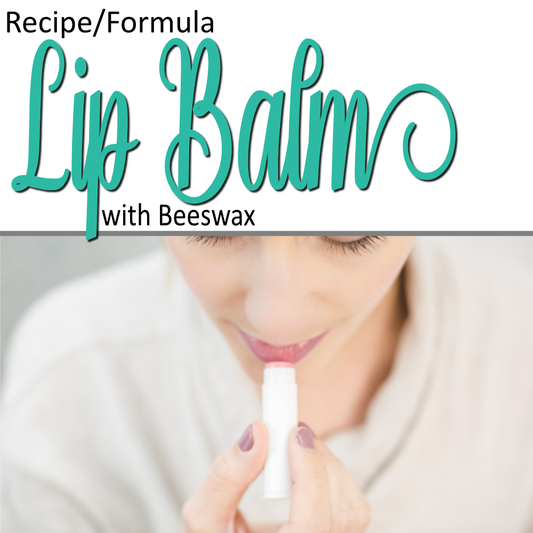 A product cover photo with the text LIP BALM in teal cursive writing in the top half of the image against a white background.  The bottom half has a close-up image of a lady dressed in white top applying a pink lip balm in white tube to the lips.