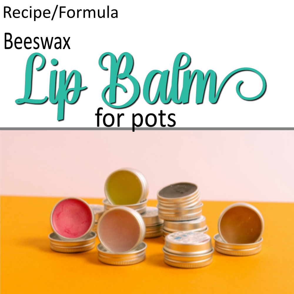 A cover photo for a formula.  The bottom has an image of several tins of lip balm resting on a yellow surface with pale pink walll background.  Above the image is the text Beeswax Lip Balms for pots 