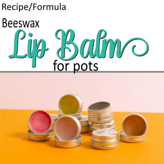 A cover photo for a formula.  The bottom has an image of several tins of lip balm resting on a yellow surface with pale pink walll background.  Above the image is the text Beeswax Lip Balms for pots 