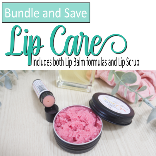 A product cover photo with the text LIP CARE in teal cursive writing in the top half of the image against a white background.  Additional text shows this is a bundle deal to include multiple formulas for lip products.  The bottom half has an image of a black tin with the lid resting on the side showing it is  filled with a pink scrub.  Behind lies a black tube of lip balm resting on its cap revealing a pink balm.